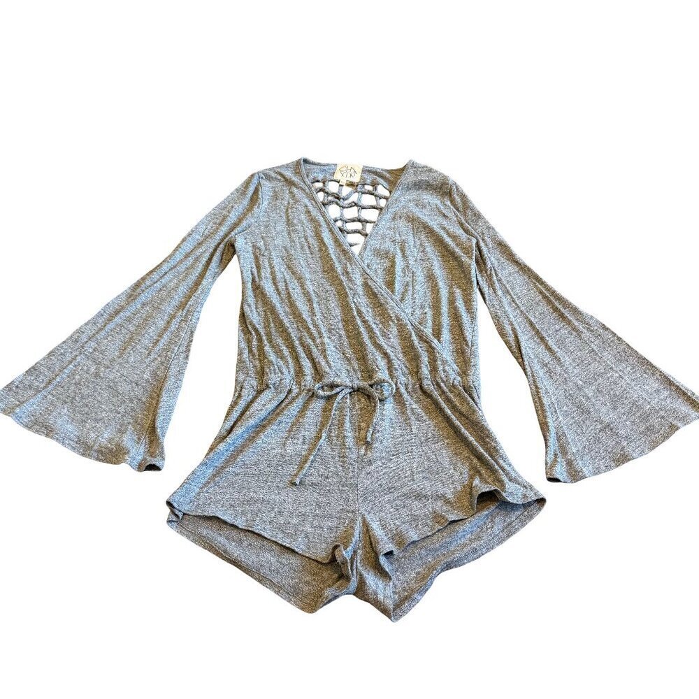 Chaser Jersey Stretch Romper Grey Cutout Back Bell Sleeve Shorts Stretch Size XS